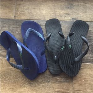 Lacoste rubber flip flops. 2 pairs-black & blue.